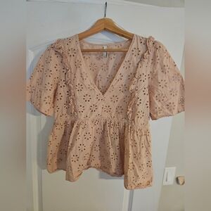 Blush Pink Eyelet Peplum Blouse with Ruffle Details